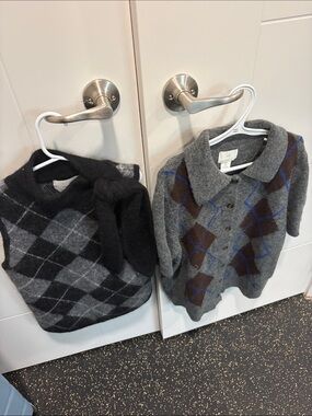 H&M Gray Argyle Knit Cardigan with Collar and Matching Vest